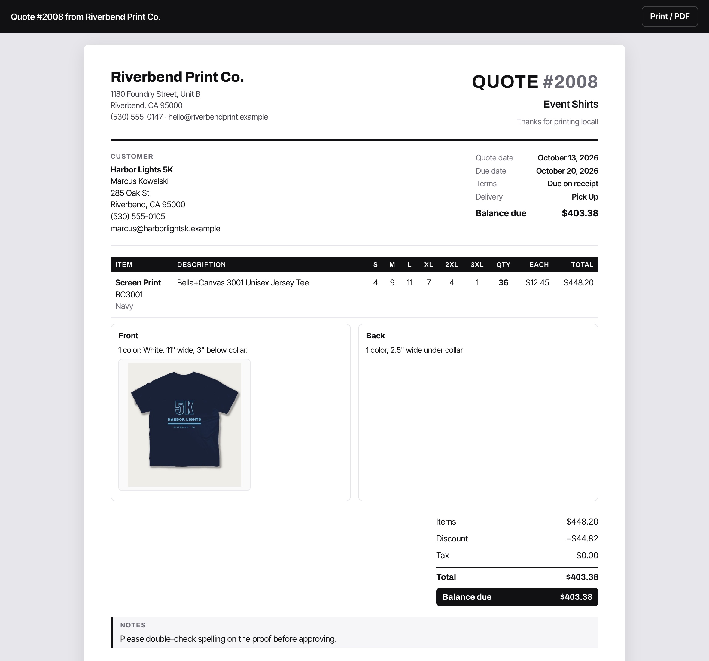 What a customer sees: the quote with sizes, the mockup and the total